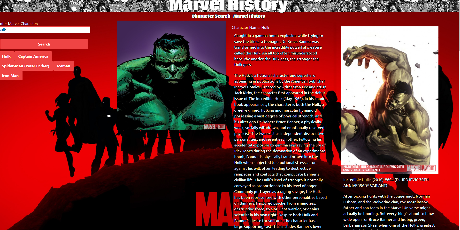 Image showing Marvel Character Search home page